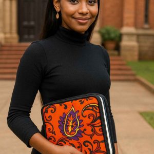 Ugandan woman holding orange African Kitenge Bible cover outside church