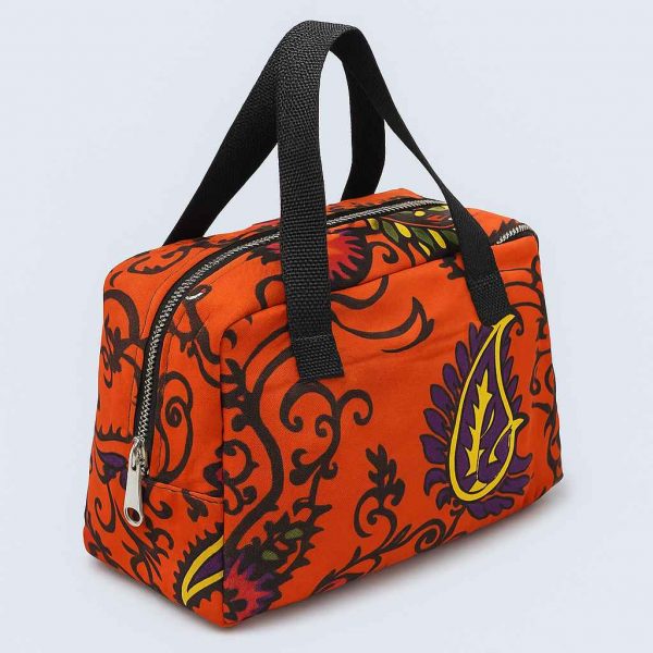 African Kitenge Bible bag orange purple angled view handmade in Uganda