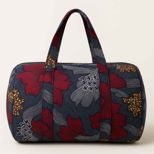 Back view of handmade African kitenge duffle bag