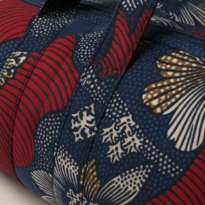 Close-up of handmade African kitenge duffle bag stitching