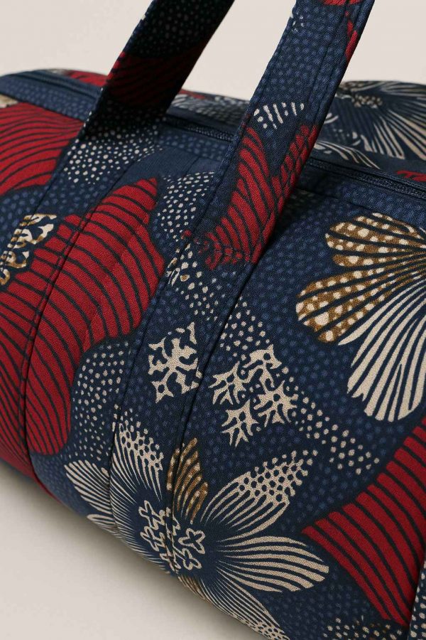 Close-up of handmade African kitenge duffle bag stitching
