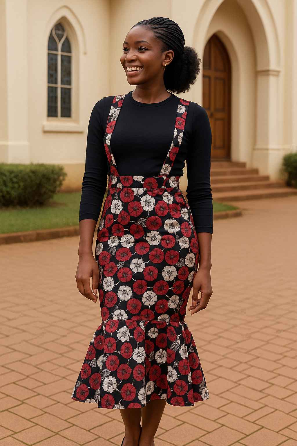 African kitenge fish-tail skirt with suspenders handmade in Uganda
