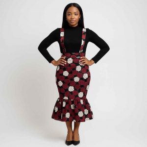 Beautiful Ugandan woman modeling African Kitenge fish-tail skirt with suspenders