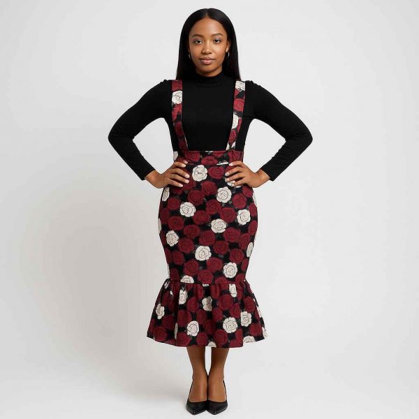 Beautiful Ugandan woman modeling African Kitenge fish-tail skirt with suspenders