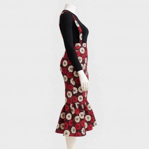 African Kitenge fish-tail skirt with suspenders front view handmade Uganda Title: African Kitenge Fish-Tail Skirt with Suspenders – Front View Studio