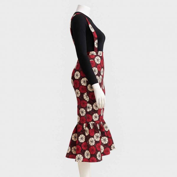 African Kitenge fish-tail skirt with suspenders front view handmade Uganda Title: African Kitenge Fish-Tail Skirt with Suspenders – Front View Studio