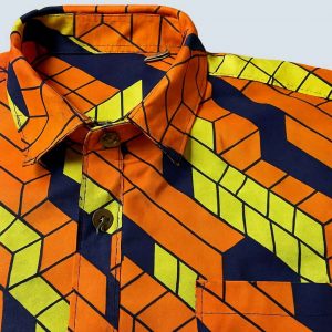 Close-up view of African Kitenge men’s long-sleeve shirt block pattern handmade Uganda Title: African Kitenge Men’s Long-Sleeve Shirt – Detail Close-Up