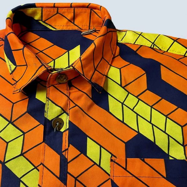 Close-up view of African Kitenge men’s long-sleeve shirt block pattern handmade Uganda Title: African Kitenge Men’s Long-Sleeve Shirt – Detail Close-Up