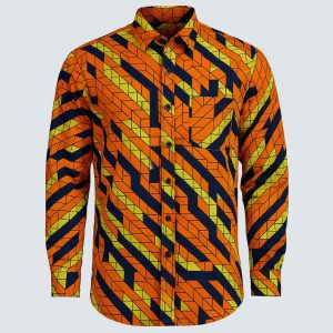 African Kitenge men’s long-sleeve shirt front view handmade Uganda