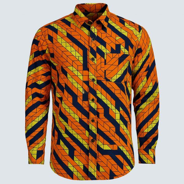 African Kitenge men’s long-sleeve shirt front view handmade Uganda