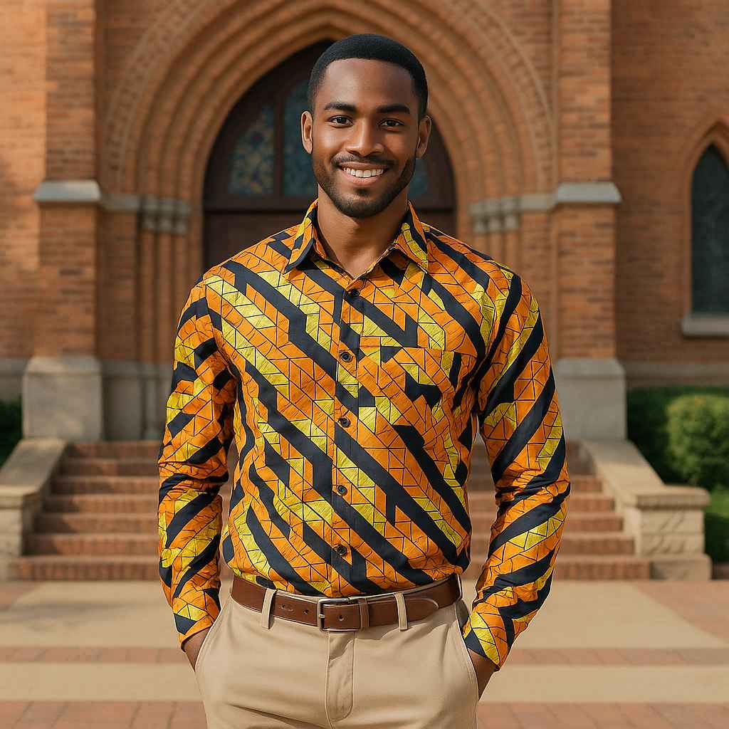 African Kitenge men’s long-sleeve shirt handmade in Uganda block pattern