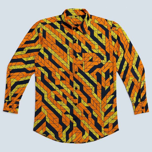 African Kitenge men’s long-sleeve shirt top-down view handmade Uganda