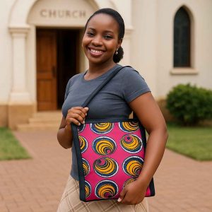 Ugandan woman holding African Kitenge tote pink and yellow spiral bag