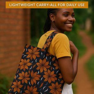 African print tote bag displayed in a styled lifestyle scene with books, groceries, and a mobile phone
