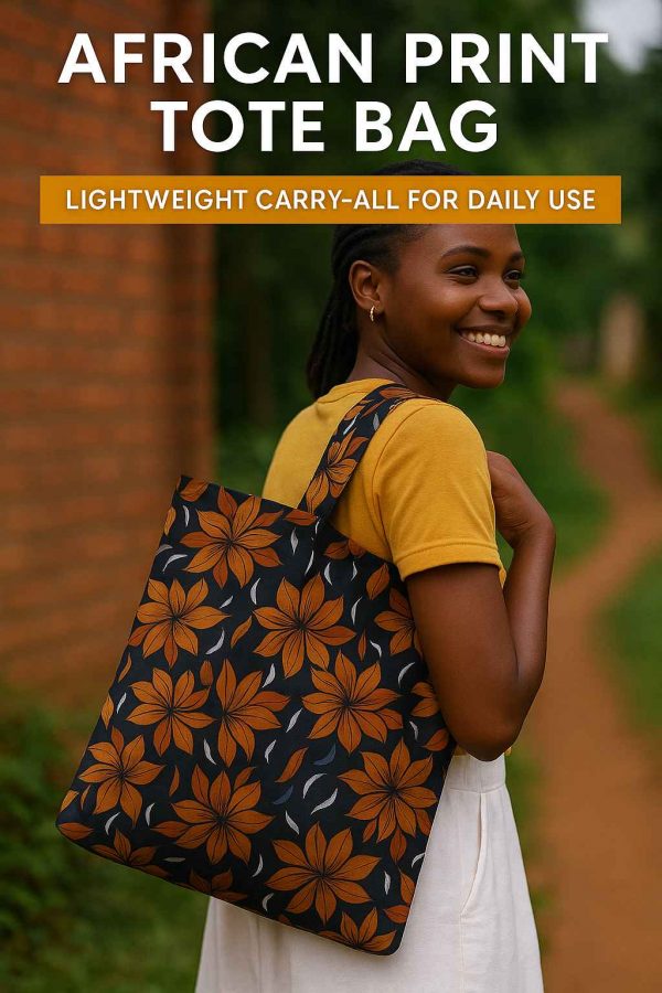 African print tote bag displayed in a styled lifestyle scene with books, groceries, and a mobile phone