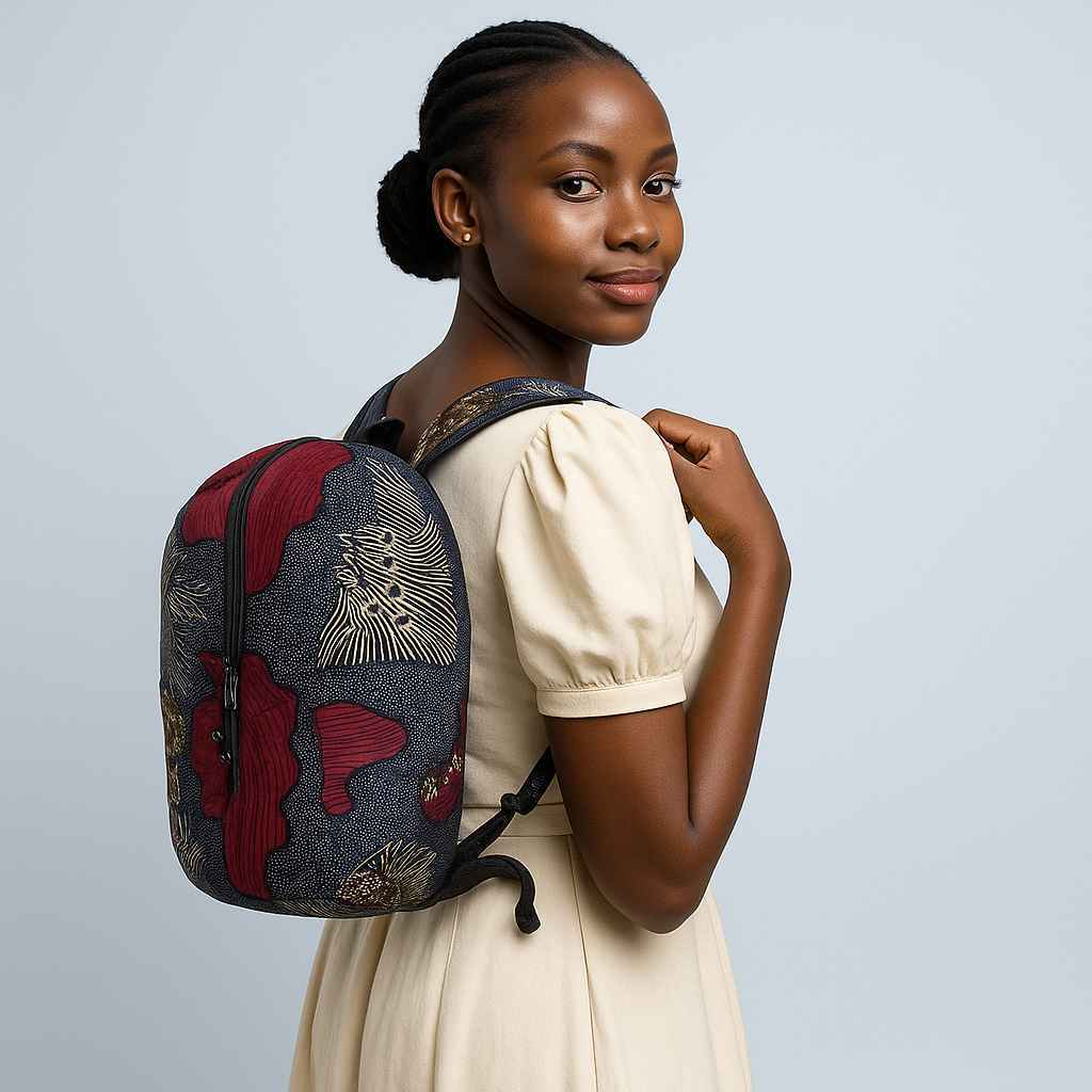 Handmade African Kitenge backpack in blue, white, and burgundy patterns