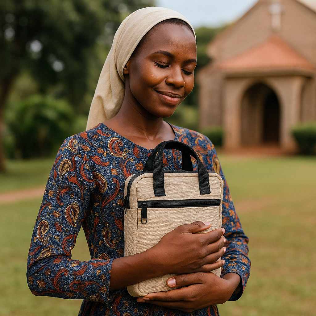 Front view of handmade Bible bag from Uganda with zipper and carry handles