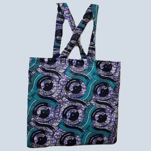 Front view of big Kitenge handbag from Uganda featuring African print