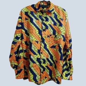 Front view of handmade African shirt with block patterned Kitenge design