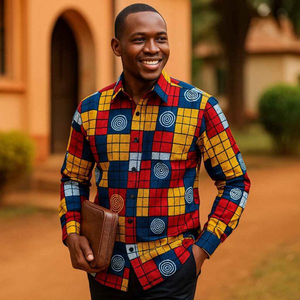 Ugandan man wearing a handmade African Kitenge shirt with block patterns while walking to Sunday worship
