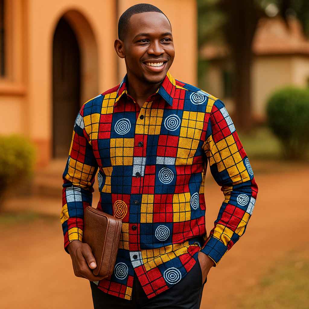 Front view of handmade African block patterned shirt from Uganda