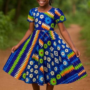 Young African girl in colorful handmade kitenge flare dress smiling joyfully on a dirt path