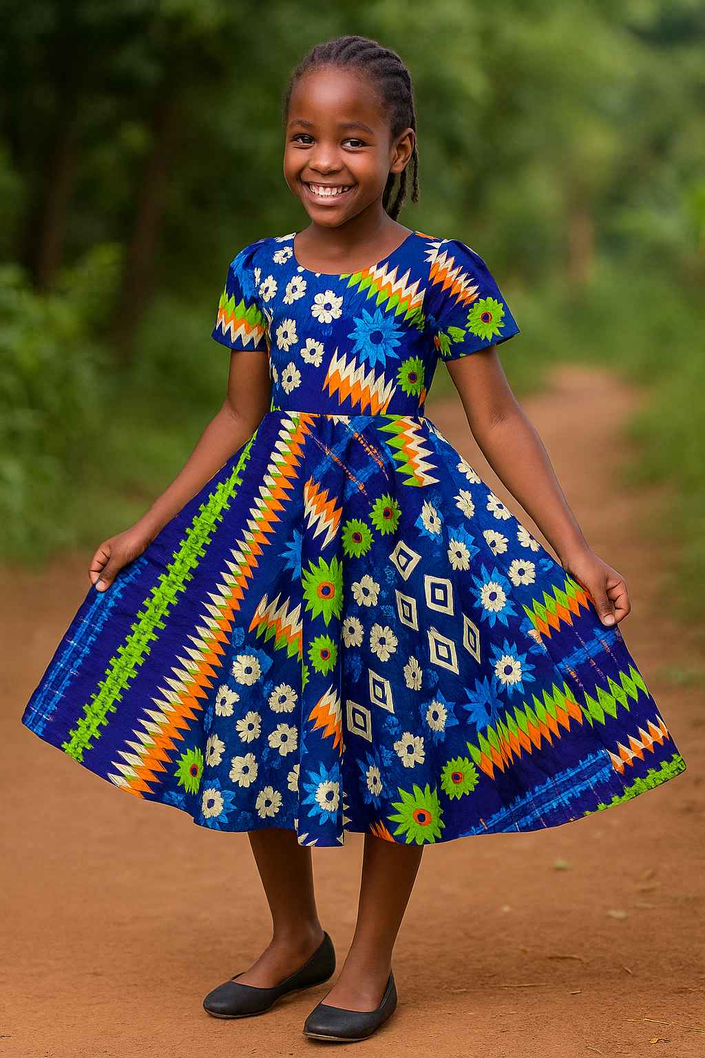 Young African girl smiling in a colorful kitenge flare dress with geometric and floral prints