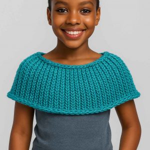 Elegant young African girl wearing handwoven capelet, front-facing with gentle smile