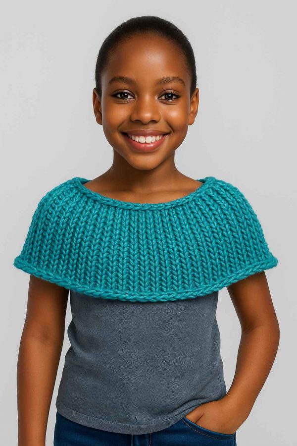 Elegant young African girl wearing handwoven capelet, front-facing with gentle smile