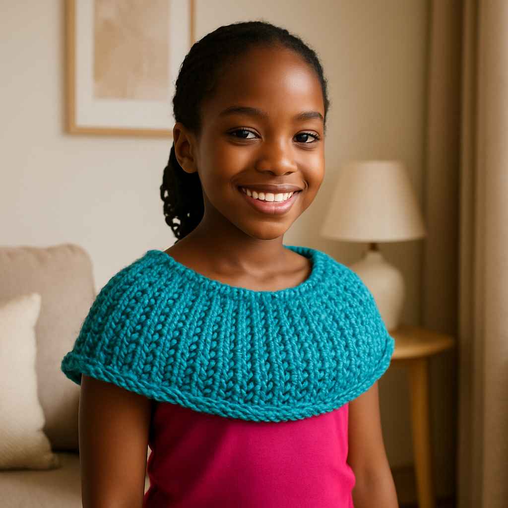 Young African girl smiling in a handwoven capelet while seated in a warmly lit home