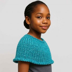 Side profile of girl wearing teal handwoven capelet with elegant posture