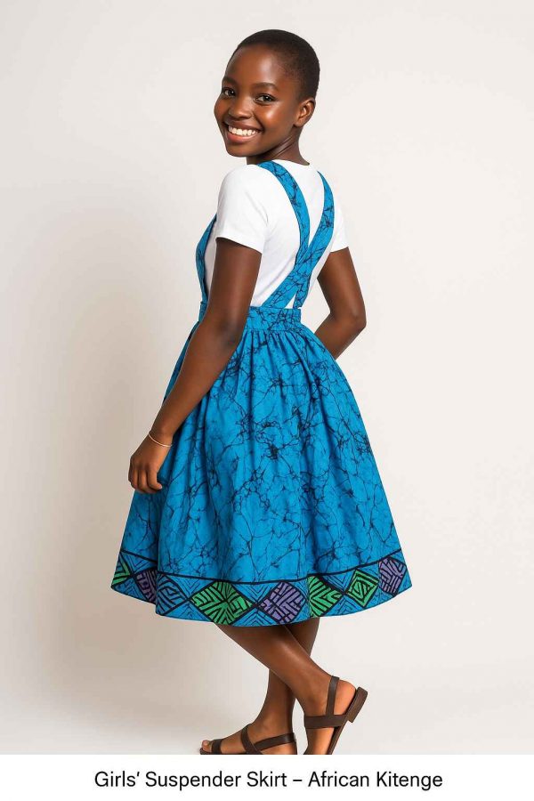 Smiling African girl modeling a vibrant kitenge suspender skirt in an angled pose