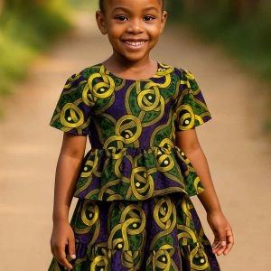 Young African girl smiling and twirling outdoors in a tiered peplum kitenge dress with vibrant yellow, green, and purple print