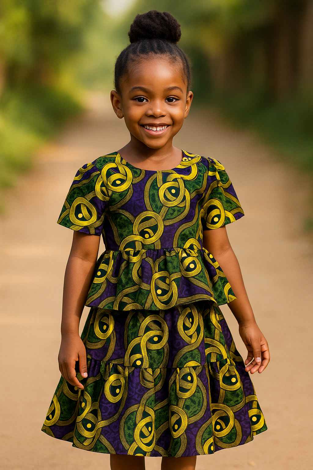 Lifestyle portrait of girl in peplum kitenge dress