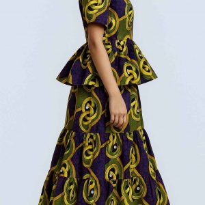 Side view of a girls’ tiered African kitenge peplum dress with layered skirt, short sleeves, and a defined waist