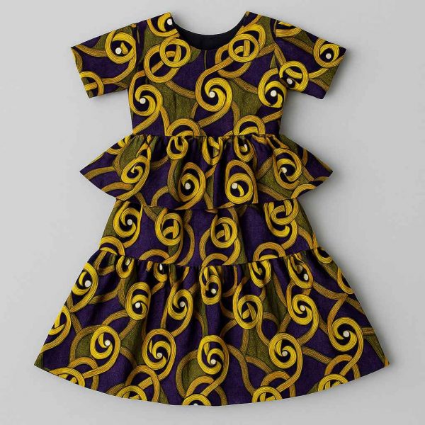 Top-down flat-lay view of a girls’ African peplum dress with layered skirt and short sleeves, arranged neatly on a studio background