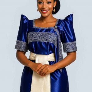 Elegant Ugandan woman wearing blue Gomesi with white sash front view