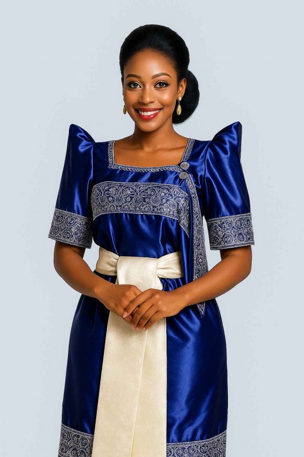 Elegant Ugandan woman wearing blue Gomesi with white sash front view