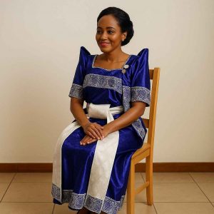Elegant Ugandan woman wearing blue Gomesi with white sash outside church
