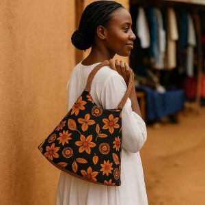 Ugandan woman walking outdoors with a structured Kitenge handbag in hand