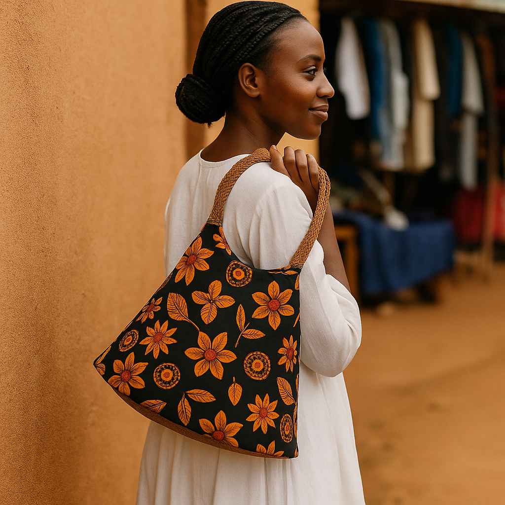Front view of GraceBloom structured Kitenge handbag from Uganda