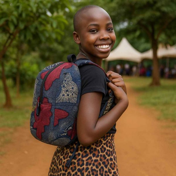 oung Ugandan girl wearing the GraceTrail Small Kitenge Backpack outdoors at a church event
