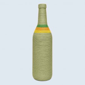 Close view of a recycled decorative bottle wrapped in green yarn with yellow and orange trim, without floral top