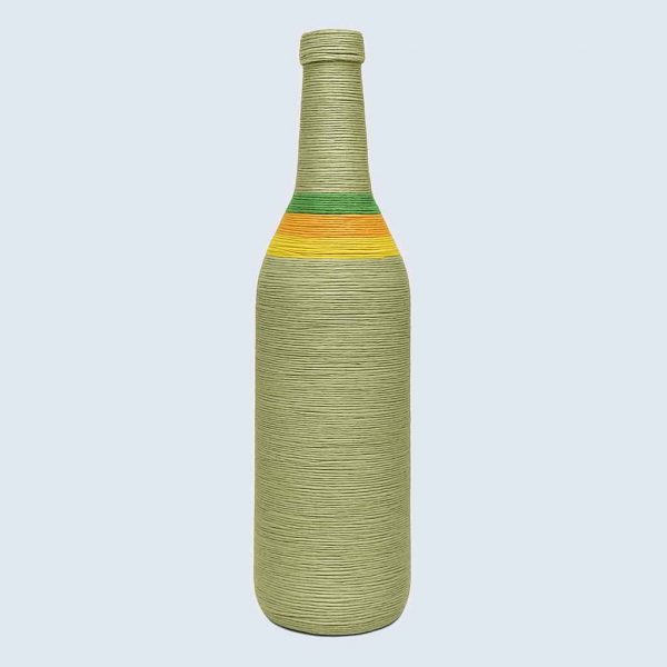 Close view of a recycled decorative bottle wrapped in green yarn with yellow and orange trim, without floral top