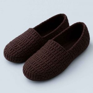 Angled view of handmade crochet house slippers