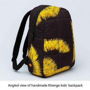 Angled view of handmade Kitenge kids’ backpack