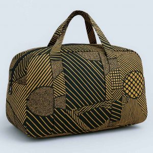 Angled view of handmade Kitenge travel duffel bag