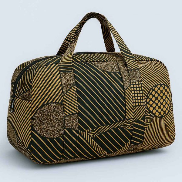 Angled view of handmade Kitenge travel duffel bag