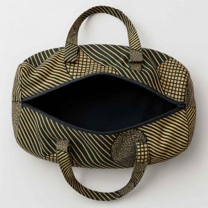 Top-down view of handmade Kitenge travel duffel bag