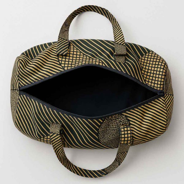 Top-down view of handmade Kitenge travel duffel bag